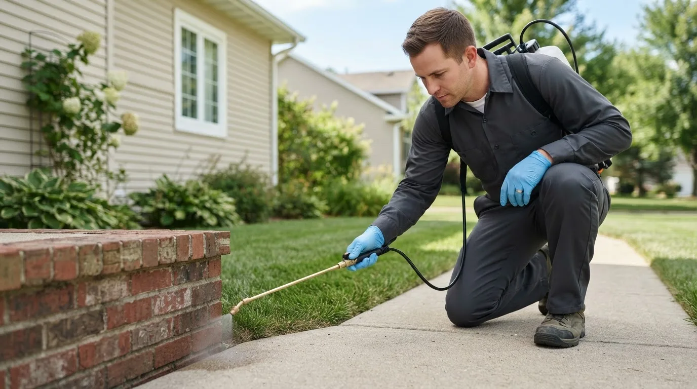 Pest control technician treating a home near Kewaskum, WI