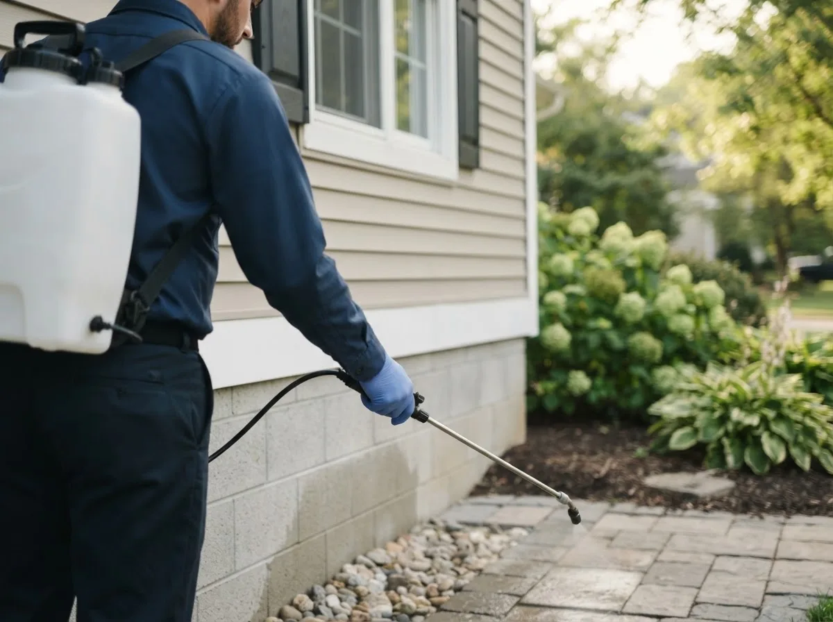 Pest control technician inspecting a home in Kewaskum, WI